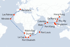 carte itinéraire croisière Méditerranée 46 jours au départ du port de Hong Kong