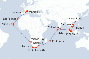 carte itinéraire croisière Méditerranée 47 jours au départ du port de Hong Kong