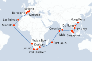 carte itinéraire croisière Méditerranée 48 jours au départ du port de Hong Kong