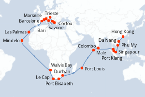 carte itinéraire croisière Méditerranée 53 jours au départ du port de Hong Kong