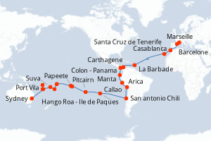 carte itinéraire croisière Australie Nouvelle Zélande 57 jours au départ du port de Marseille