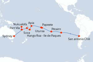 carte itinéraire croisière Australie Nouvelle Zélande 30 jours au départ du port de San antonio Chili