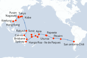 carte itinéraire croisière Asie 56 jours au départ du port de San antonio Chili