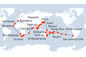 carte itinéraire croisière Transatlantique 102 jours au départ du port de San antonio Chili