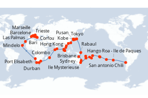 carte itinéraire croisière Transatlantique 109 jours au départ du port de San antonio Chili