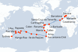 carte itinéraire croisière Australie Nouvelle Zélande 58 jours au départ du port de Savone