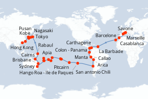 carte itinéraire croisière Asie 84 jours au départ du port de Savone