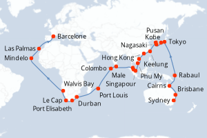 carte itinéraire croisière Méditerranée 72 jours au départ du port de Sydney