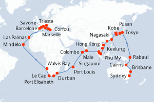 carte itinéraire croisière Méditerranée 79 jours au départ du port de Sydney