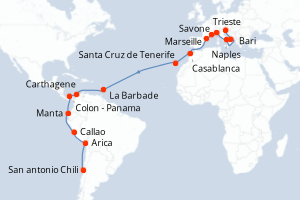 Carte de l'itinéraire de croisière Trieste-San antonio Chili d'une durée de 32 jours