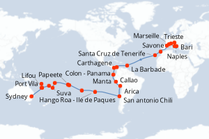 carte itinéraire croisière Australie Nouvelle Zélande 62 jours au départ du port de Trieste
