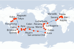 Carte de l'itinéraire de croisière Trieste-Hong Kong d'une durée de 88 jours