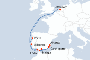 carte itinéraire croisière Europe du Nord 14 jours au départ du port de Rotterdam