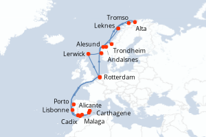 carte itinéraire croisière Fjörds norvégiens 28 jours au départ du port de Rotterdam