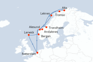 carte itinéraire croisière Fjörds norvégiens 14 jours au départ du port de Rotterdam