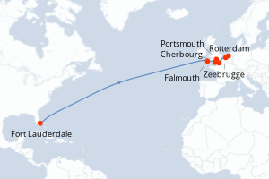 Carte de l'itinéraire de croisière Rotterdam-Fort Lauderdale d'une durée de 15 jours