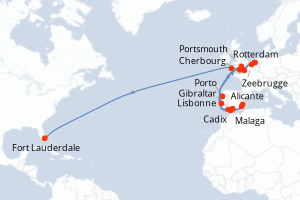 carte itinéraire croisière Transatlantique 29 jours au départ du port de Rotterdam