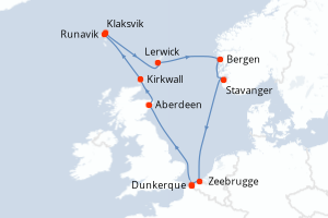 carte itinéraire croisière Fjörds norvégiens 11 jours au départ du port de Dunkerque