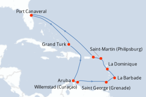 carte itinéraire croisière Caraïbes Bahamas 14 jours au départ du port de Port Canaveral