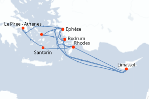 Carte de l'itinéraire de croisière Le Piree - Athenes-Le Piree - Athenes d'une durée de 7 jours