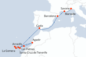 carte itinéraire croisière Iles Canaries 13 jours au départ du port de Savone