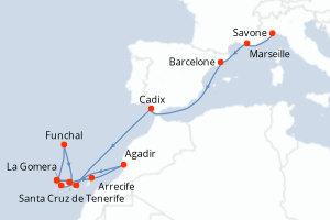 carte itinéraire croisière Iles Canaries 16 jours au départ du port de Savone