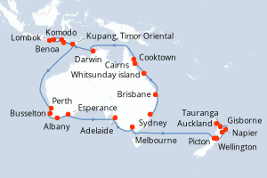 carte itinéraire croisière Australie Nouvelle Zélande 40 jours au départ du port de Sydney