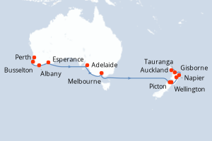 Carte de l'itinéraire de croisière Perth-Auckland d'une durée de 17 jours