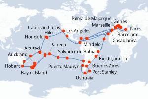 Carte de l'itinéraire de croisière Genes-Genes d'une durée de 121 jours