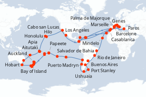 Carte de l'itinéraire de croisière Genes-Genes d'une durée de 121 jours