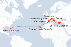 carte itinéraire croisière Transatlantique 23 jours au départ du port de Fort Lauderdale