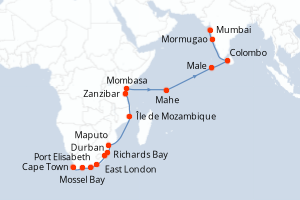 Carte de l'itinéraire de croisière Cape Town-Mumbai d'une durée de 26 jours