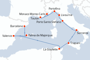 carte itinéraire croisière Sicile 12 jours au départ du port de Barcelone
