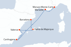 Carte de l'itinéraire de croisière Monaco Monte-Carlo-Barcelone d'une durée de 6 jours