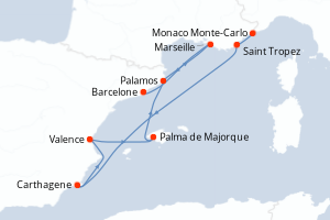Carte de l'itinéraire de croisière Monaco Monte-Carlo-Barcelone d'une durée de 9 jours