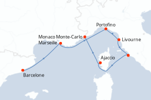 carte itinéraire croisière Méditerranée 6 jours au départ du port de Barcelone