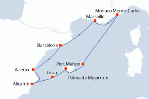 Carte de l'itinéraire de croisière Barcelone-Barcelone d'une durée de 9 jours