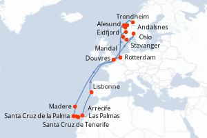 carte itinéraire croisière Fjörds norvégiens 27 jours au départ du port de Rotterdam