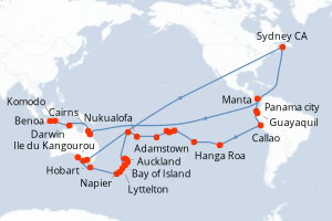 Carte de l'itinéraire de croisière Panama city-Benoa d'une durée de 71 jours