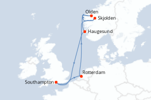 carte itinéraire croisière Fjörds norvégiens 7 jours au départ du port de Southampton