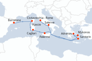 carte itinéraire croisière Sicile 10 jours au départ du port de Barcelone