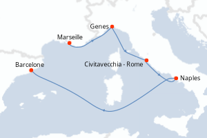 Carte de l'itinéraire de croisière Marseille-Barcelone d'une durée de 5 jours