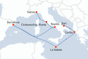 Carte de l'itinéraire de croisière Genes-Bari d'une durée de 9 jours