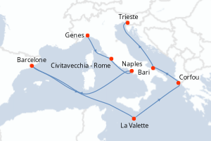 Carte de l'itinéraire de croisière Genes-Trieste d'une durée de 10 jours