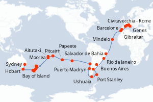 carte itinéraire croisière Australie Nouvelle Zélande 71 jours au départ du port de Civitavecchia - Rome