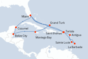 carte itinéraire croisière Caraïbes Bahamas 21 jours au départ du port de Miami