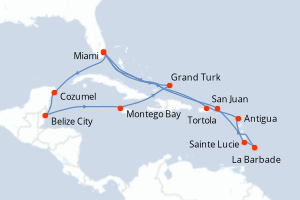 carte itinéraire croisière Caraïbes Bahamas 21 jours au départ du port de Miami