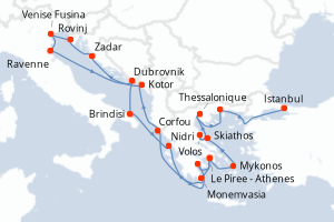 carte itinéraire croisière Méditerranée 21 jours au départ du port de Le Piree - Athenes