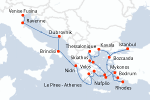 Carte de l'itinéraire de croisière Venise Fusina-Le Piree - Athenes d'une durée de 21 jours