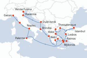 Carte de l'itinéraire de croisière Venise Fusina-Genes d'une durée de 21 jours
